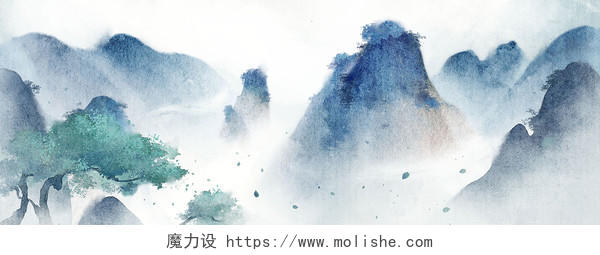古风唯美山水蓝色中国风水墨画展板背景古风山水